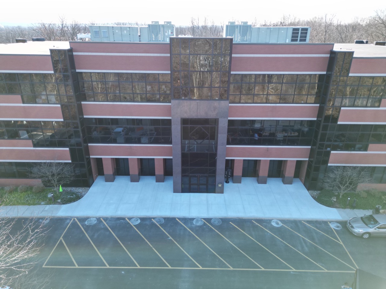 Aerial view of Allentown office building displaying the expansive, newly replaced concrete entrance by Swan Co.
