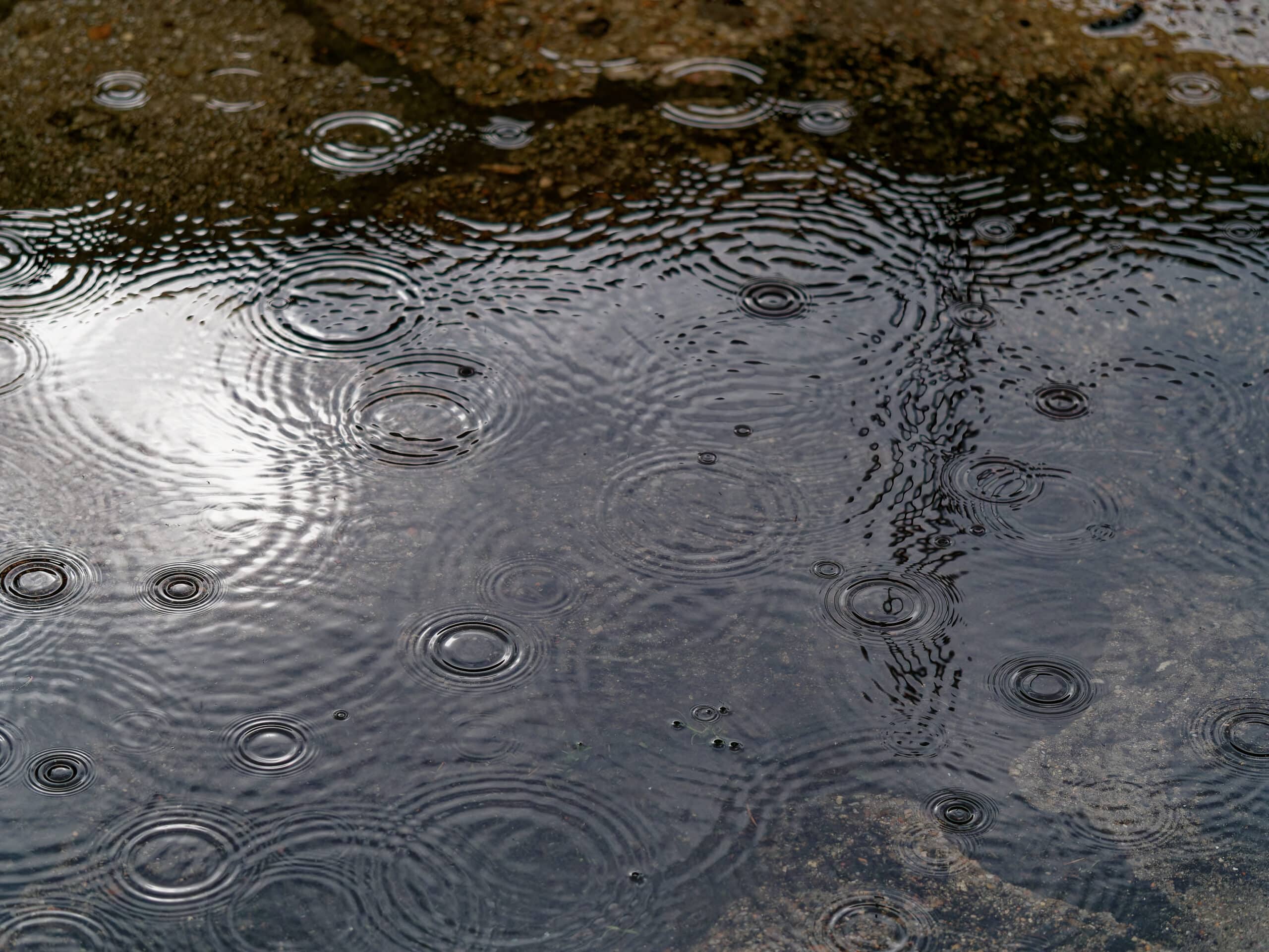Raindrops hitting a puddle on worn pavement, showing how fall storms and moisture accelerate asphalt and concrete deterioration.