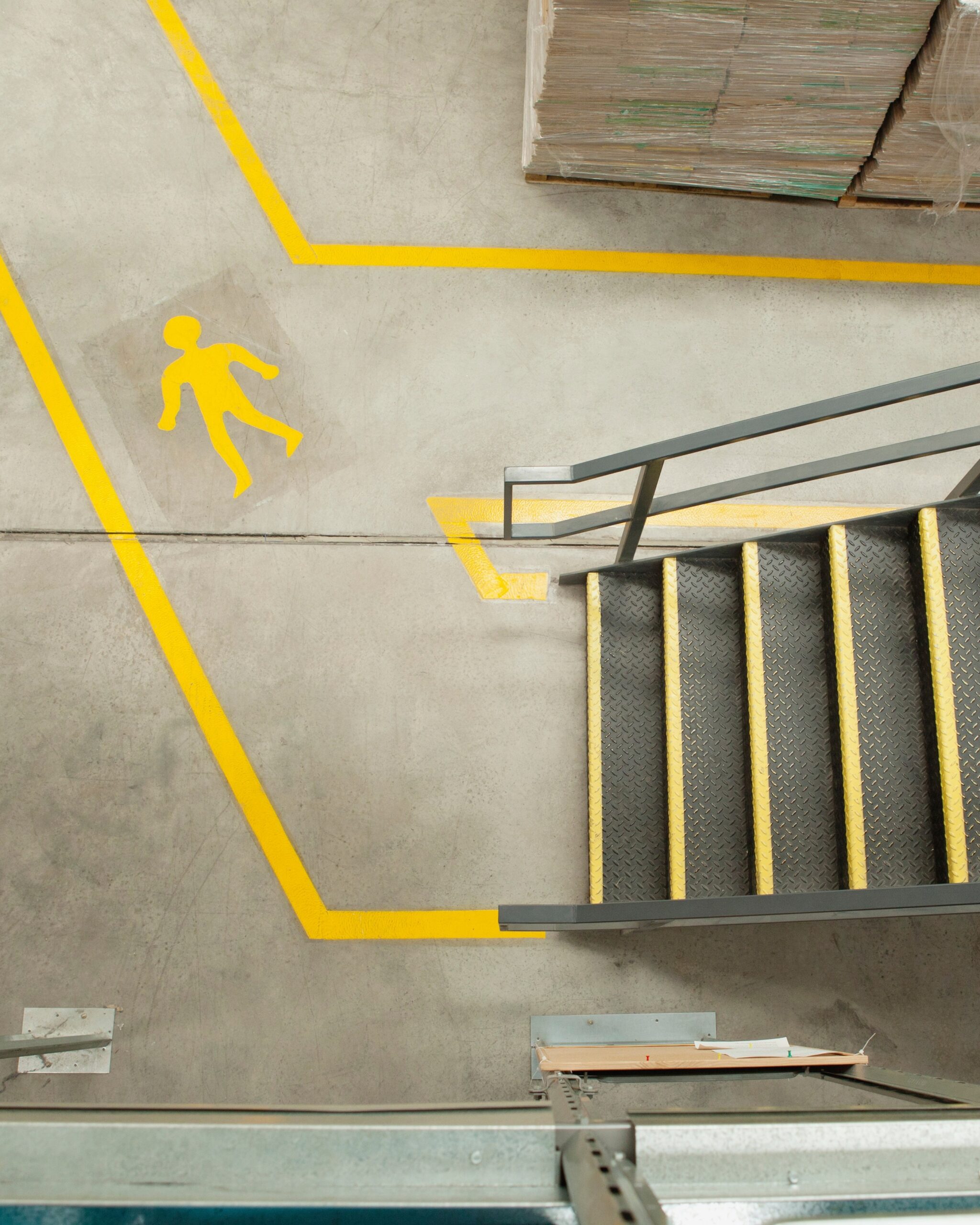 Yellow epoxy floor lines marking pedestrian and stairway safety zones in a warehouse.