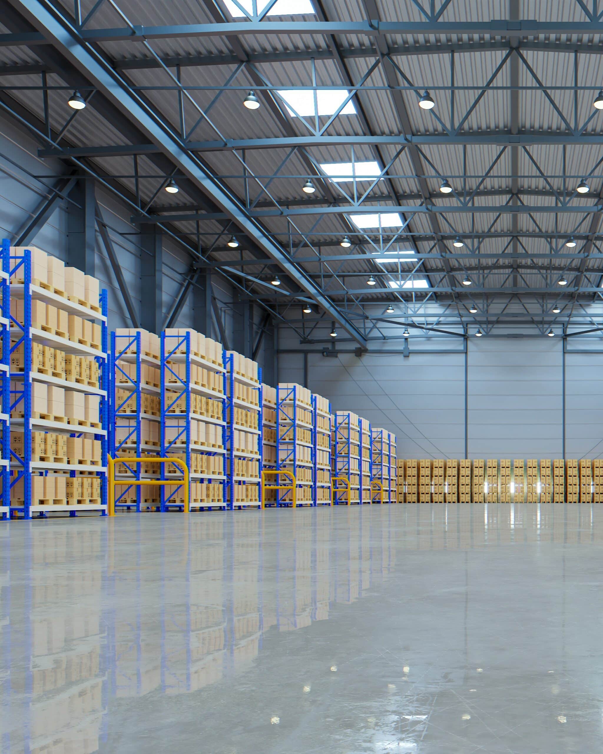Bright industrial warehouse with smooth, reflective epoxy-coated concrete floor.