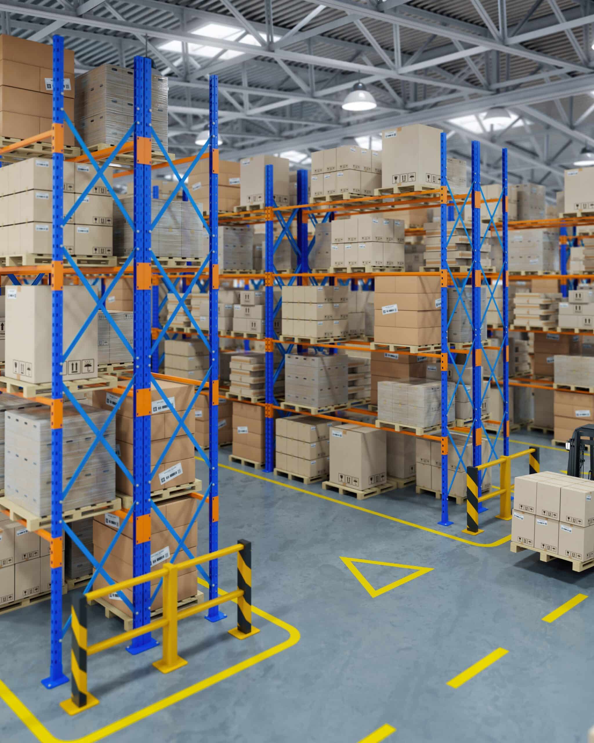 Forklift operating in warehouse with freshly painted epoxy floor lines and safety barriers.